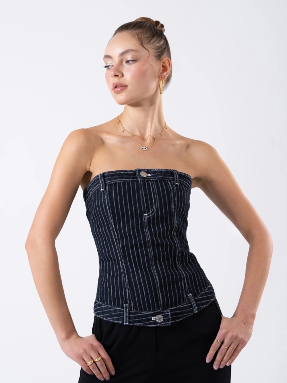 Zara Strapless Denim Corset Top Dark Wash Pinstripe Size M